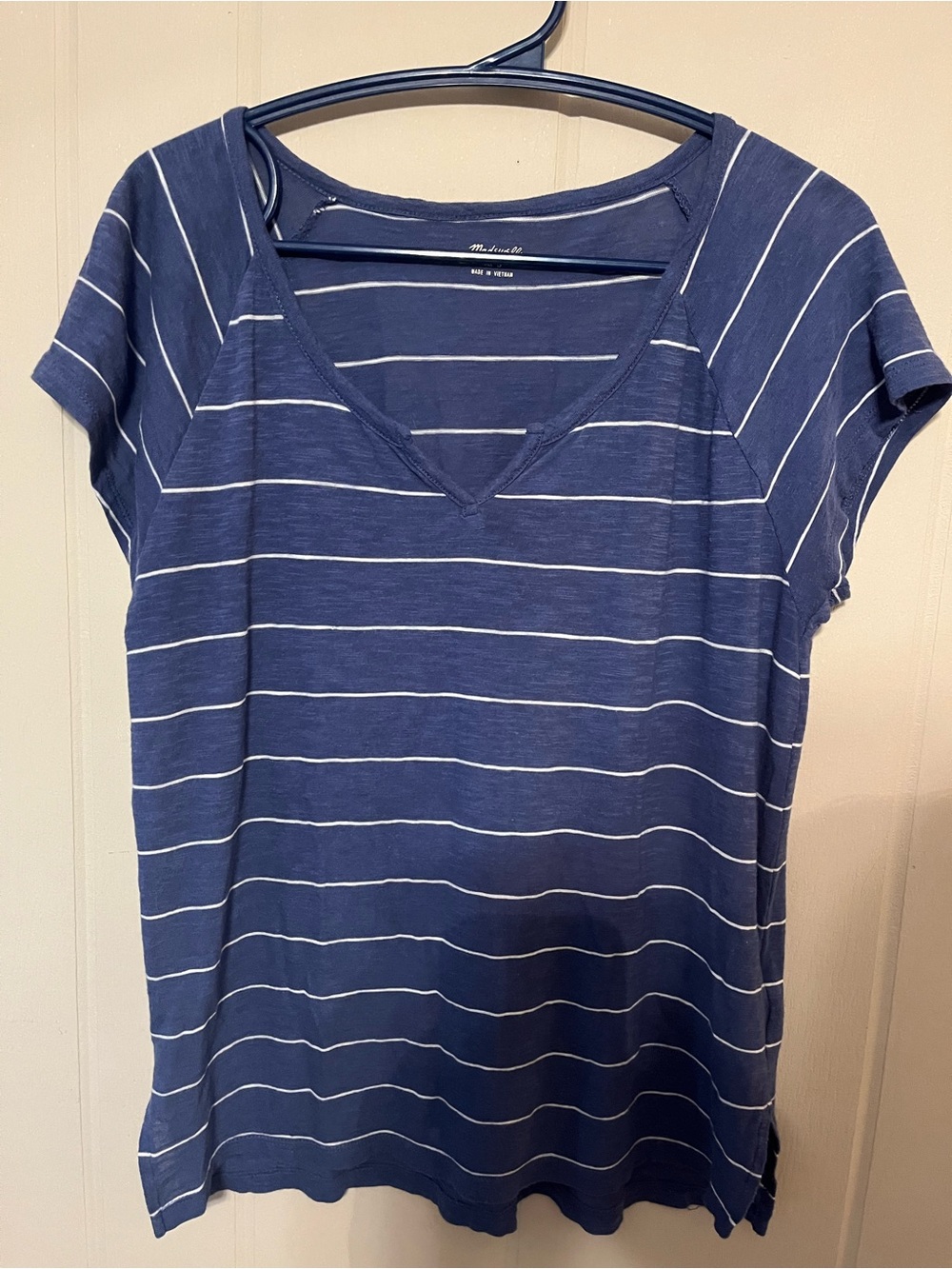 Madewell Navy and White Striped V-Neck Tee